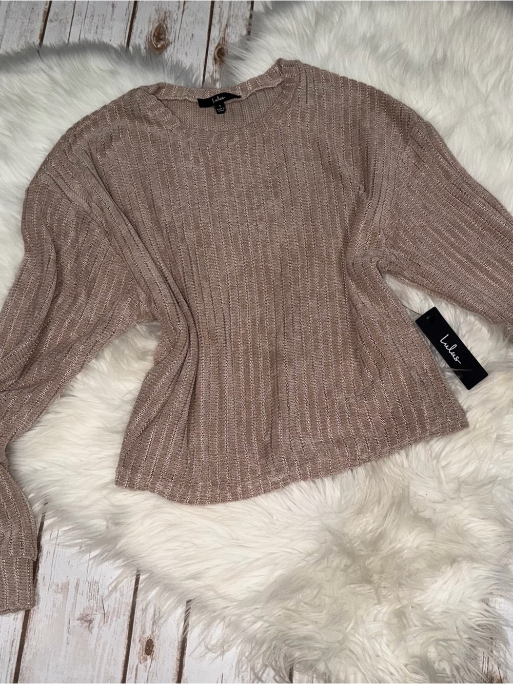 Lulus Weekend Ready Taupe Chenille Striped Sweater Top Beige NWT Size Small - Picture 2 of 4
